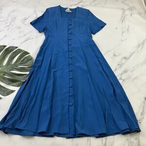 Express Womens Vintage 90s Button Front Dress Size 9 Bright Blue Square Neck